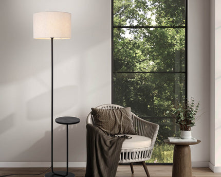 Staande lamp met geïntegreerde "tordis" -tafel gemaakt van zwart metaal en natuurlijk wit textielmateriaal, 157 cm hoog, E27