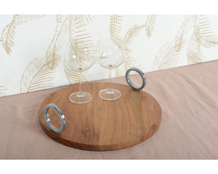 ROND HOUTEN DIENBLAD MET ZILVEREN HANDVAT 38X38X11CM