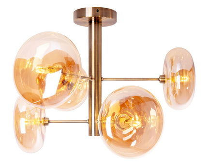 Plafondlamp "Orion" Ø ongeveer 53 cm barnsteen, gemaakt van messing gekleurd metaal en glas in barnsteen, G9-basis, verlichting voor woonkamer, eetkamer of kantoor.