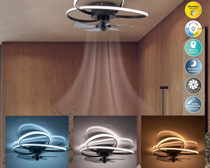 Het moderne LED -plafondlicht "Leccio" inclusief ventilator, nachtlichtfunctie, dim- en lichttemperatuurinstelling is uitgerust met stevig geïnstalleerde LED's en heeft een geschatte Øvon 58 cm.