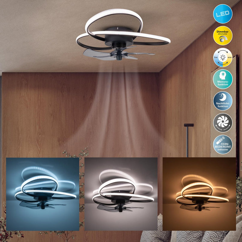 Het moderne LED -plafondlicht "Leccio" inclusief ventilator, nachtlichtfunctie, dim- en lichttemperatuurinstelling is uitgerust met stevig geïnstalleerde LED's en heeft een geschatte Øvon 58 cm.