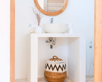 Wasmand met deksel – Boho Wasmand Rond – Grote Boho Mand – Geweven Mand met Katoenpatroon PALEM (3 maten Ø33/43/55cm)