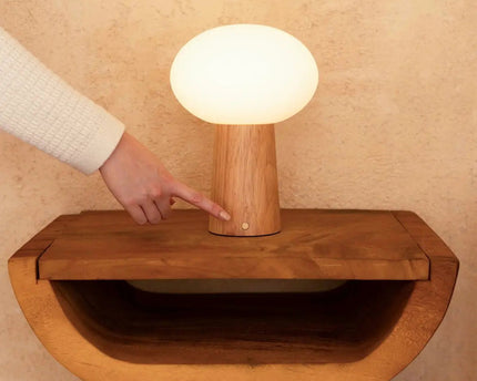 Max lichtbruine houten oplaadbare tafellamp met glas en oplaadbare batterij | Dimbare en veelzijdige verlichting