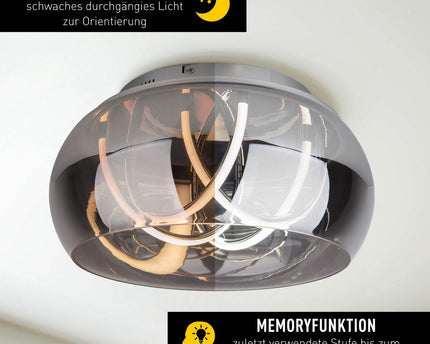LED -plafondlicht "Malou" Ø 45 cm, 23,5 cm hoog, gemaakt van metaal, rookglas, geïntegreerde LED's, warm wit