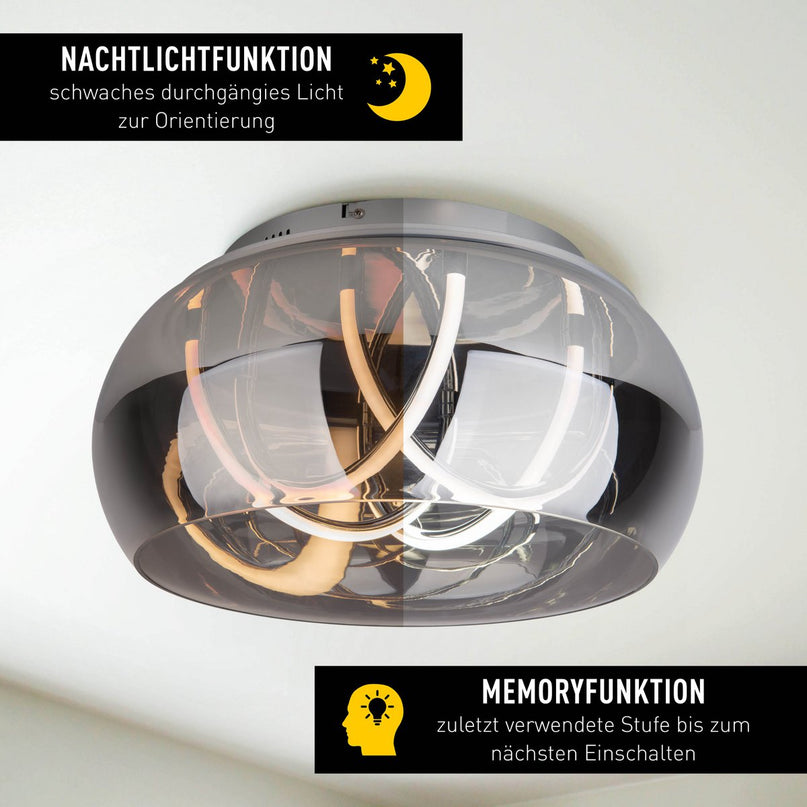 LED -plafondlicht "Malou" Ø 45 cm, 23,5 cm hoog, gemaakt van metaal, rookglas, geïntegreerde LED's, warm wit