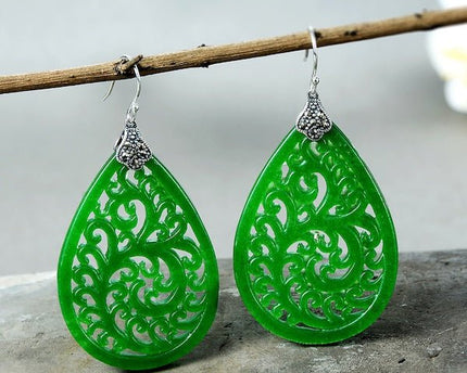 Waterdrop Jade oorbellen-Ruyi bloempatroon