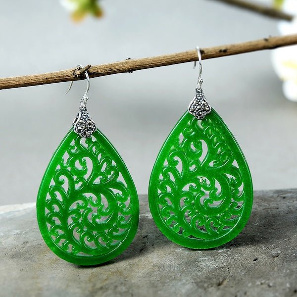Waterdrop Jade oorbellen-Ruyi bloempatroon