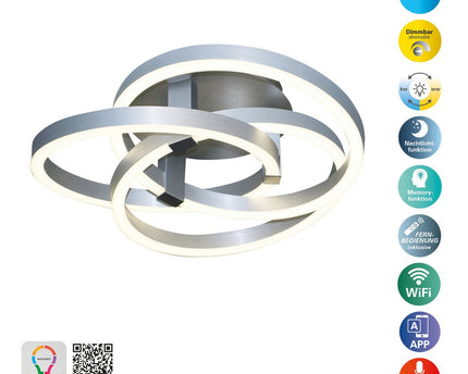 Smart Home LED plafondlicht "Divora" Ø 70 cm, plafondlamp gemaakt van metaal, aluminium geborsteld en wit plastic, met veel functies, stevig gebouwd -in LED's, verlichting voor woonkamer, eetkamerkantoor of gang