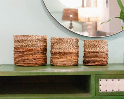Kleine zeegrasmand BHINNEKA (tweekleurig) | Plantenmand | Kleine opbergmand | Geweven Boho-mand | Plantenbak | Decoratieve mand | Ronde bloemenmand