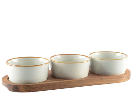 Aperitief set van 3 kopjes op houten plateau 29x10cm