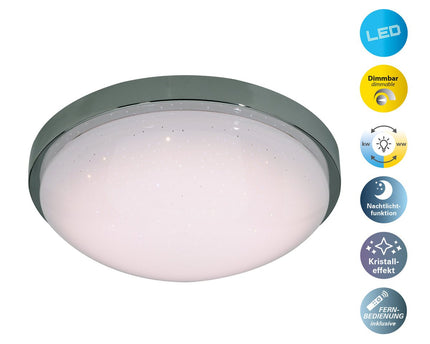 LED -wand- en plafondlamp "Catania" Ø 29 cm, chroom -gekleurd metaal, wit plastic (PMMA), dimbaar, kristaleffect, geheugeneffect, nachtlicht