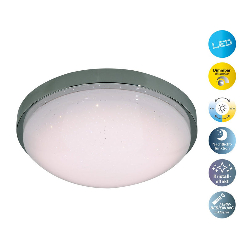 LED -wand- en plafondlamp "Catania" Ø 29 cm, chroom -gekleurd metaal, wit plastic (PMMA), dimbaar, kristaleffect, geheugeneffect, nachtlicht