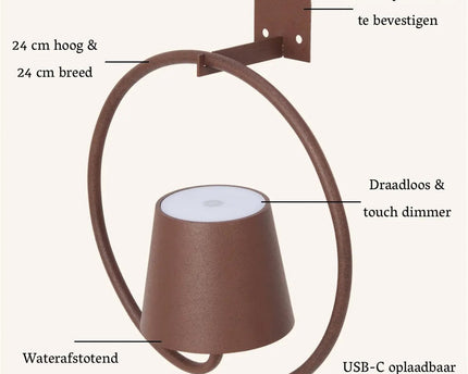 Cielo donkerbruine oplaadbare metalen wandlamp – draadloos, dimbaar en stijlvol