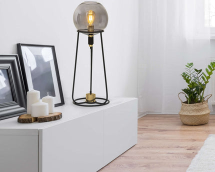 Tafellamp "Stelo", moderne tafellamp gemaakt van zwart metaal en rookglas, E27 -aansluiting, 71 cm hoog, voor eetkamer, woonkamer, gang of kantoor,