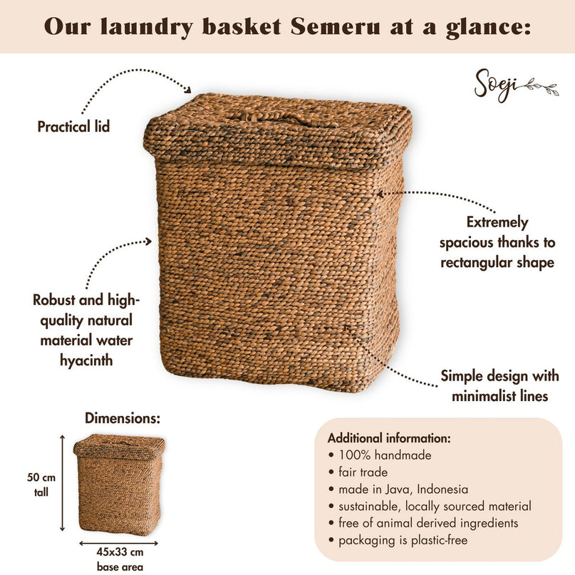 Grote wasmand met deksel - decoratieve geweven bruine mand - rechthoekige wasmand - boho mand handgemaakt van water hyacint semeru