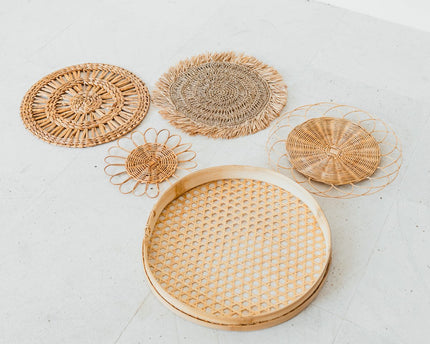 Boho wanddecoratieset – rotan muurmanden – natuurlijke muurophanging – geweven wanddecoratie – handgemaakte set van 5 wandborden (Ø 15-45 cm) PENIDA