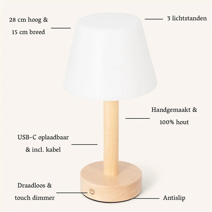 Zoë Lichtbruine Houten Oplaadbare Tafellamp | Dimbaar, USB-C, batterijduur van 80 uur