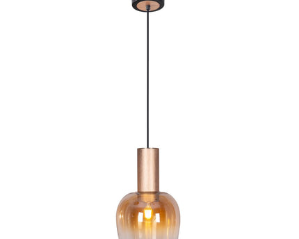 1 serie hanger "Funda" 150 cm hoog, Ø 23,5 cm, gemaakt van geborsteld messing met metaal en barnsteen -gekleurd glas, E27, voor woonkamer, eetkamer, keuken en kantoor