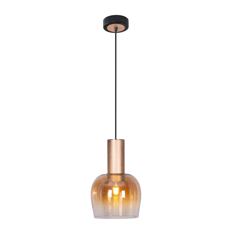 1 serie hanger "Funda" 150 cm hoog, Ø 23,5 cm, gemaakt van geborsteld messing met metaal en barnsteen -gekleurd glas, E27, voor woonkamer, eetkamer, keuken en kantoor