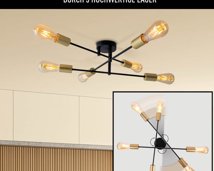 Plafondlicht "Modo" 6-flame gemaakt van metaal in zwart, versies goud, E27-aansluiting, plafondlamp voor woonkamer, eetkamer, keuken, gang, gang of kantoor met een Øvon 54,5 cm