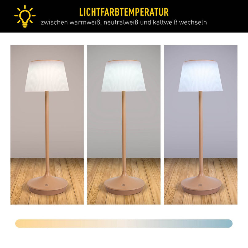 Zonne -batterijlamp "EMMI" 38 cm hoog, paraplu Ø 13 cm, metaal in amandel en wit plastic, voor de buitenruimte, dimable CCT.
