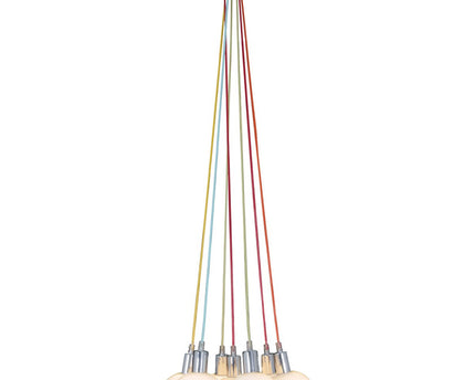 Hanglamp "regenboog-bowl" in totaal 120 cm hoog, 7 glazen schermen Ø 16 cm, gemaakt van chroomkleurig metaal, opaalwit glas en kleurrijke voeding, E14-versies