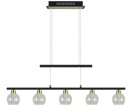 LED-glazen hanglamp "messing" zwart, klassiek, hangende lamp gemaakt van zwart metaal en glas, met stevig ingebouwde LED's, verlichting voor woonkamer, eetkamer of kantoor, 90 cm lang