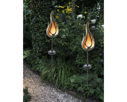 Led Solar Earth Skeer "Flame" aan de buitenkant van de grond Skeer gemaakt van bronzen gekleurd metaal en plastic, met geïntegreerde LED