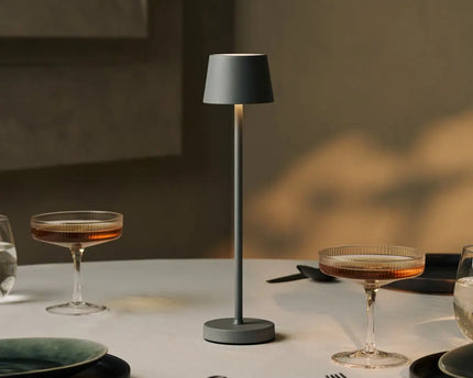 Combi Set Professional – 4 x Vondel Mini Mouse Grey Rechargeable Table Lamps & 1 x Amstel Wireless Charging Station with Q1-Technology – Perfect for Restaurants, Hospitality & Hotels