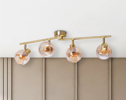 4er spot/plafondlamp "libby", klassieke plafondlamp gemaakt van messing gekleurd metaal en getinte glas in barnsteen, met E14-aansluiting, voor eetkamer, woonkamer, gang of kantoor, 80 cm lang