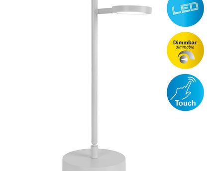 LED draadloze tafellicht "Lupa", 45 cm hoog, gemaakt van gelakte aluminium (wit) en wit plastic, LED geïntegreerde, dimbare, aanraaksensor.