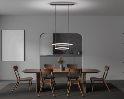 LED CCT hanglamp "Circulo" gemaakt van zwart metaal en zandkleurig plastic, met geïntegreerde LED en vele functies, Ø 60 cm, 150 cm hoog.