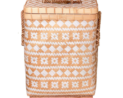 Wasmand met deksel DARI Handgeweven van bamboe met een beige wit zigzagpatroon