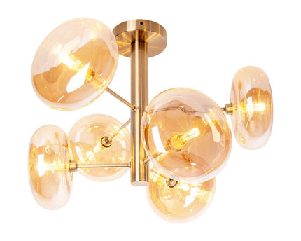 Plafondlamp "Orion" Ø ongeveer 53 cm barnsteen, gemaakt van messing gekleurd metaal en glas in barnsteen, G9-basis, verlichting voor woonkamer, eetkamer of kantoor.