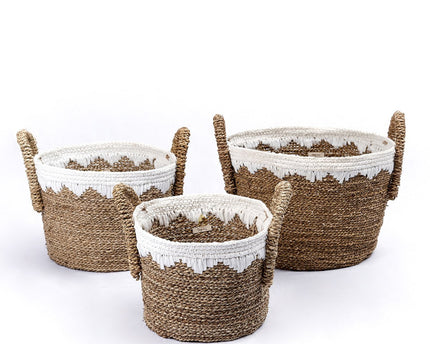 Ronde manden van zeegras met witte katoenen koorden WAIGEO (3 maten) Decoratieve was- of opbergmand