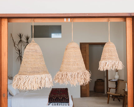 Raffia Boho Lampenkap – Hanglamp – Hanglamp – Handgeweven Plafondlamp met Lange Franjes (3 maten Ø 30/40/50 cm) KALIMA