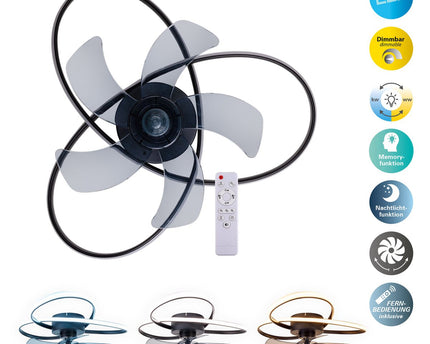 Modern LED -plafondlicht "Riccio" inclusief ventilator, nachtlichtfunctie, dim- en lichttemperatuurinstelling is uitgerust met stevig geïnstalleerde LED's en heeft een geschatte Øvon 58 cm.