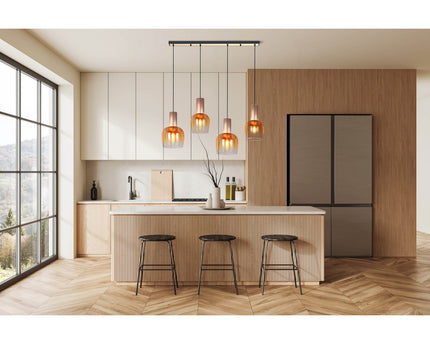 4-be hanger lamp "funda", retro hanger lamp gemaakt van amber-gekleurd glas en mat geborsteld, messing gekleurd metaal, met E27 verticals, 111 cm lang, 150 hoog, ideaal voor eetkamer, woonkamer en keuken.