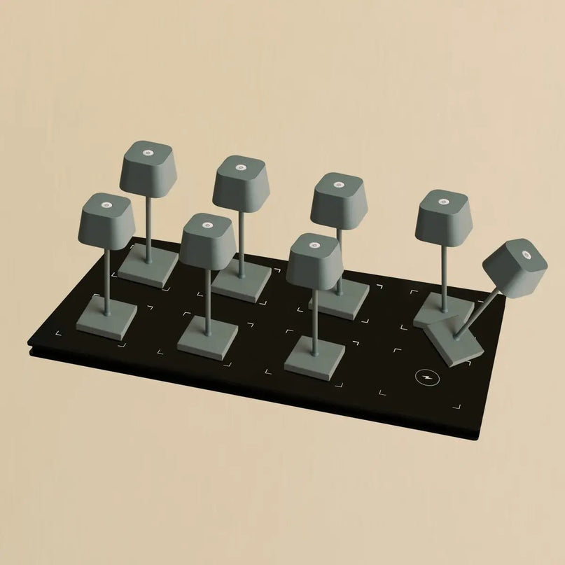 Combi Set Professional-8 x Sarphati Mini Mouse Gray Oplaadbare tafellampen & 1 x Central Station draadloos laadstation met Qi-Technology-Perfect voor restaurants, gastvrijheid en hotels