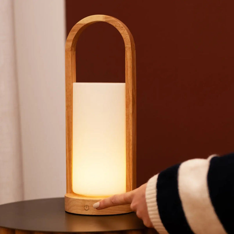 Evie Lichtbruine Oplaadbare Houten Tafellamp – Dimbaar & Snoerloos