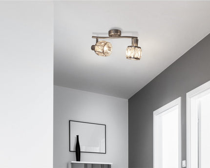 2-serie geleide plek "Josefa", metalen plafondlamp en glas in roestvrijstalen look, met E14-versie Filamentlampen inbegrepen, voor woonkamer, eetkamer, gang of gang 28 x 8 cm