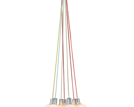 Hanglamp "regenboog-bowl" in totaal 120 cm hoog, 7 glazen schermen Ø 16 cm, gemaakt van chroomkleurig metaal, opaalwit glas en kleurrijke voeding, E14-versies