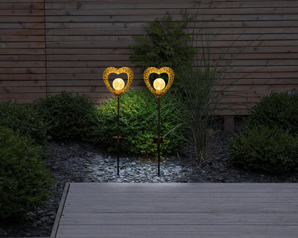 2 Set LED LED Solar Lamp "Heart" met Earth Skeer voor de tuin en terras gemaakt van metaal in zwart, en goud, met stevig ingebouwde LED's, 59 cm hoog
