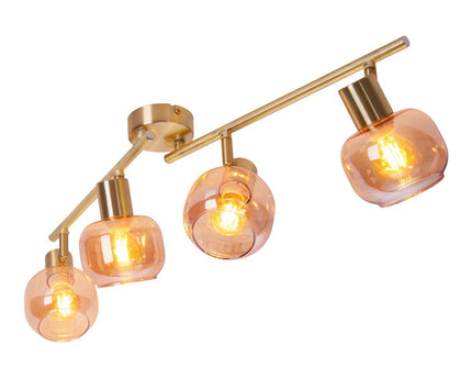 4er spot/plafondlamp "libby", klassieke plafondlamp gemaakt van messing gekleurd metaal en getinte glas in barnsteen, met E14-aansluiting, voor eetkamer, woonkamer, gang of kantoor, 80 cm lang
