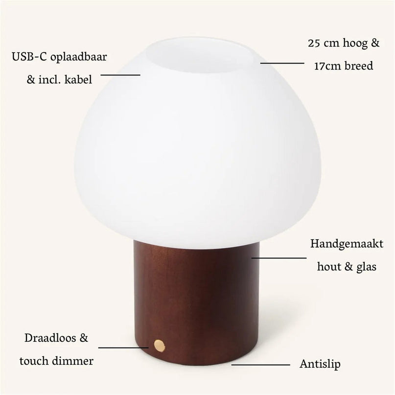 Fynn Donkerbruine Houten Lamp – Oplaadbaar & Dimbaar Licht