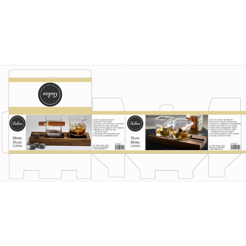 Duo whisky twee glazen houten steun 4 ijsblokjes keramiek