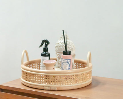 Rotan Dienblad | Rond Dienblad NEIRA Handgemaakt Beige Decoratief Dienblad Ø40 cm
