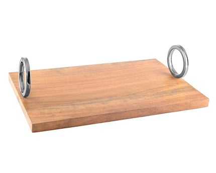 RECHTHOEKIG HOUTEN DIENBLAD MET ZILVEREN HANDVAT 40X26X11CM