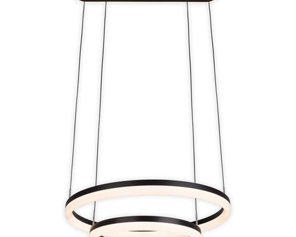 LED CCT hanglamp "Circulo" gemaakt van zwart metaal en zandkleurig plastic, met geïntegreerde LED en vele functies, Ø 60 cm, 150 cm hoog.