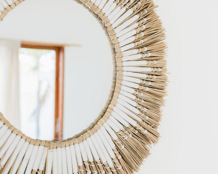 Ronde wandspiegel van zeegras – Boho hangspiegel – wandspiegel met franjes en patroon van wit katoen (Ø 60 cm) RANDU